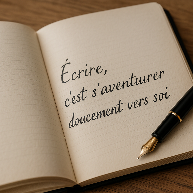 Livre ouvert avec une phrase philosophique écrit dessus : Ecrire, c'est s'aventurer doucement vers soi